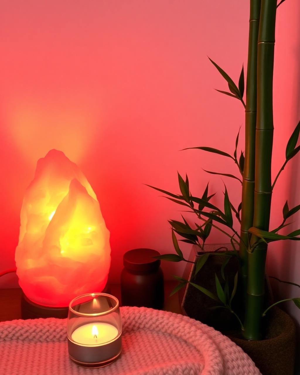 Rincón de meditación con lámpara de sal y bambú
